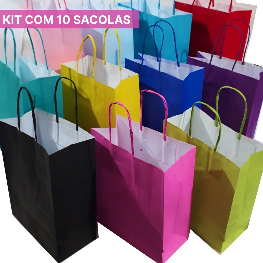 Sacolas de papel colorida – Pacote 10 Unidades – alça de cordão 18cmx9cmx22cm