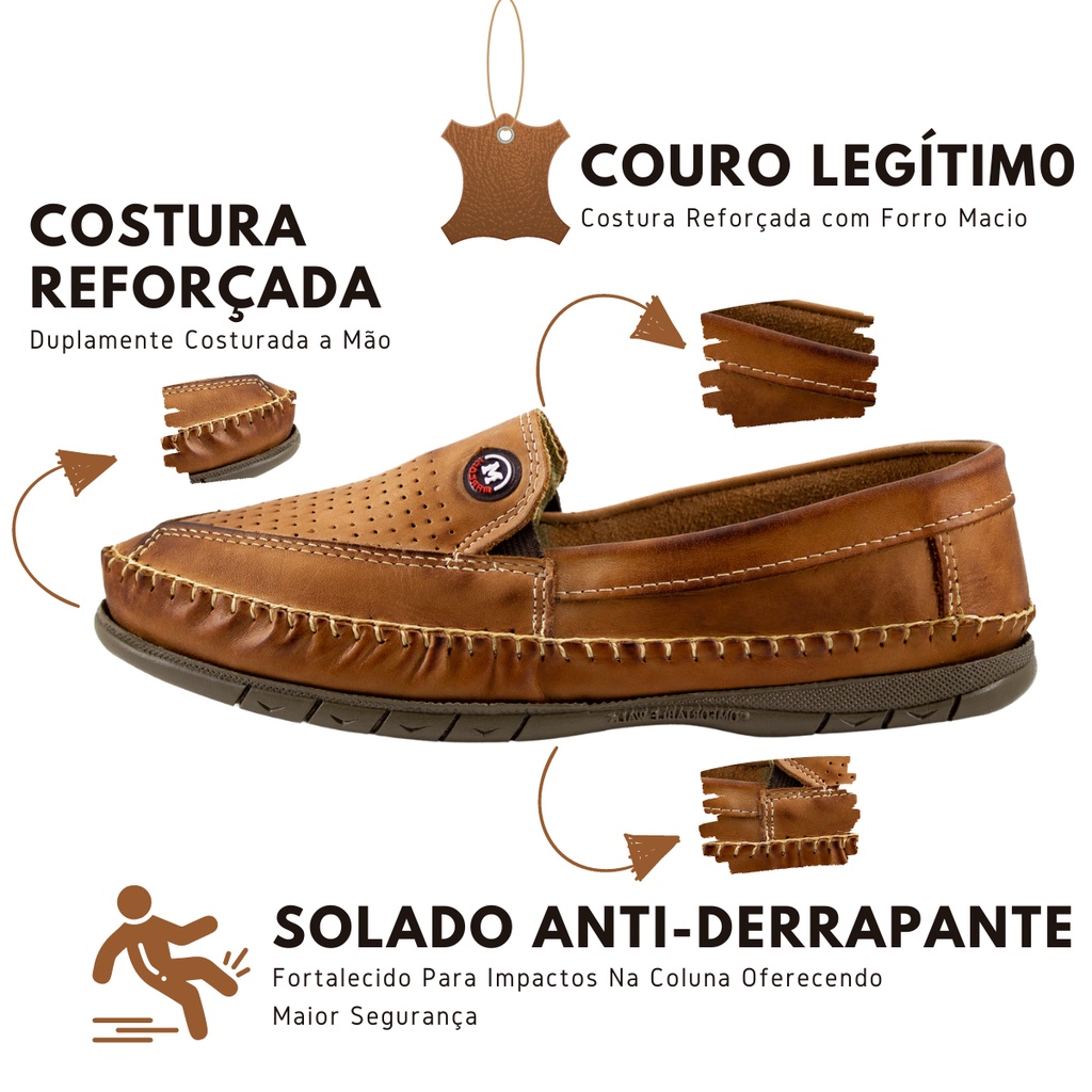 Sapatilha Sapato Mocassim Ortopédico Anti Stress Masculino Couro Legitimo Solado Anti Derrapante