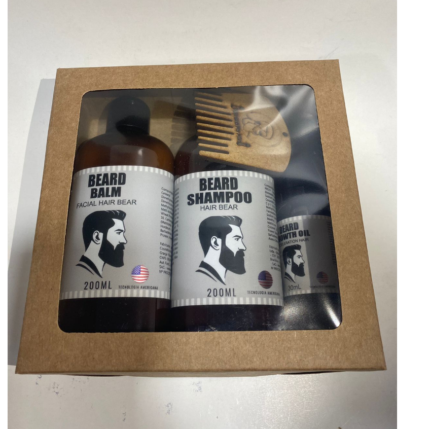 Kit Balm, Óleo para Barba e Shampoo Facial Tecnologia Americana e Pente de Madeira para barba – Alkm