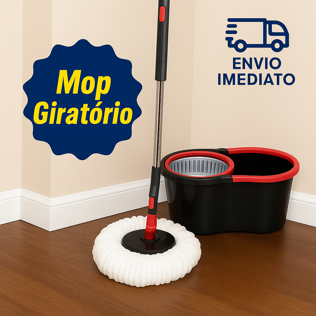 Mop Esfregão Giratório 8 Litros Plástico 360° com Refil Balde e Cesto Cabo de 140 cm
