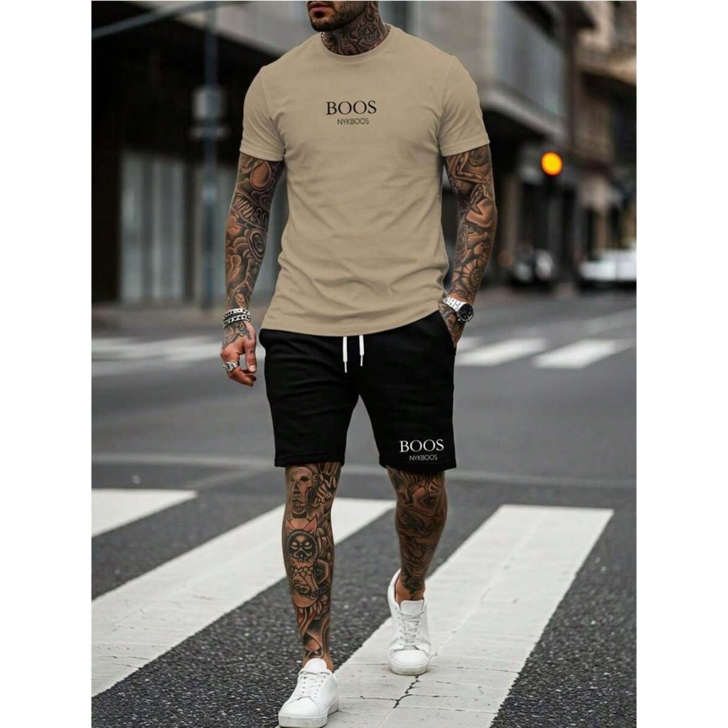Conjunto Camiseta Bos Masculina Malha PREMIUM Bermuda tactél Com Bolso Kit Casual Tendencia