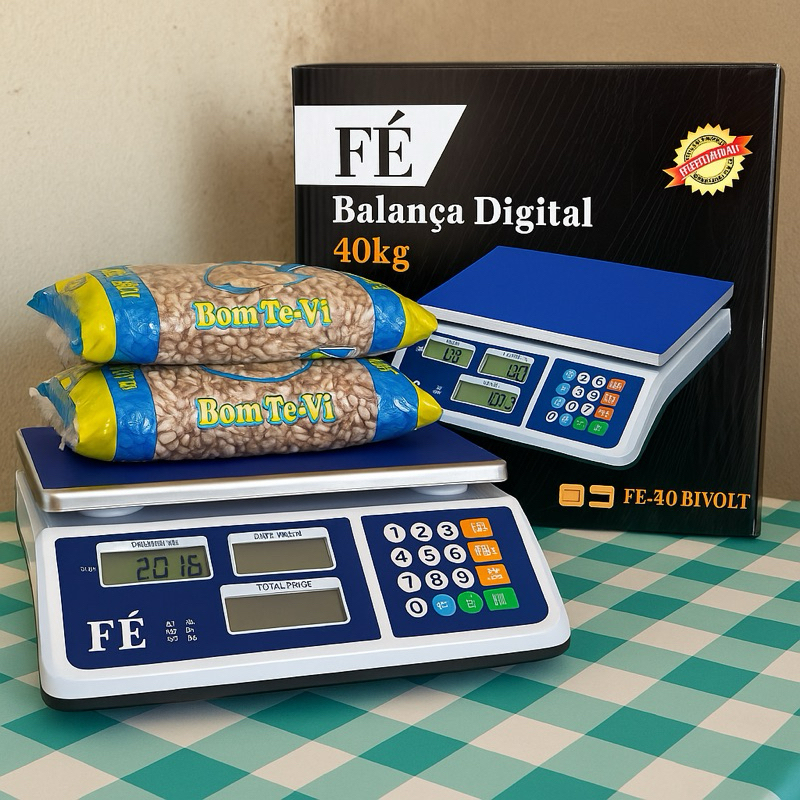 Balança Digital Comercial 40kg Alta Precisão LED Recarregável Mercado Feira Açougue Padaria Hortifru