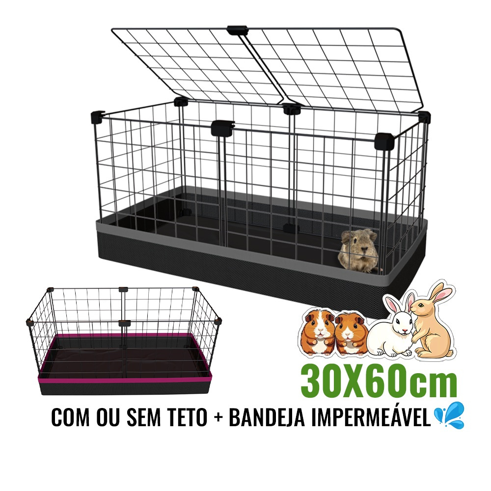 Cercado para Porquinho da Índia 30x60cm com Bandeja Higiênica Impermeável Jabuti e Coelho Telas Aram
