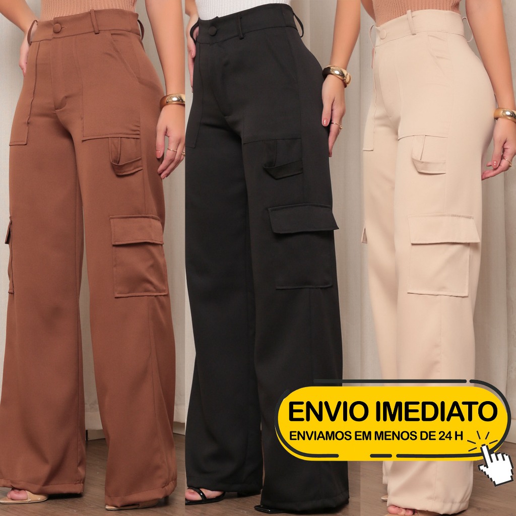 Calça Social Feminina Modelo Pantalona Alfaiataria Cargo Wide Leg Calsa Luxo Blogueira Moda