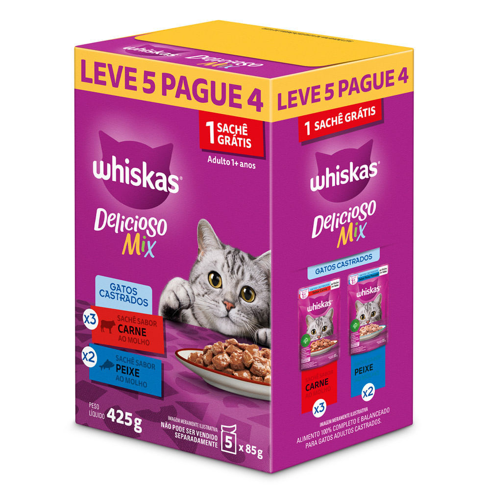 Ração para Gatos Whiskas Sabores Carne ao Molho e Peixe com 5 Saches 85g Leve 5 Pague 4