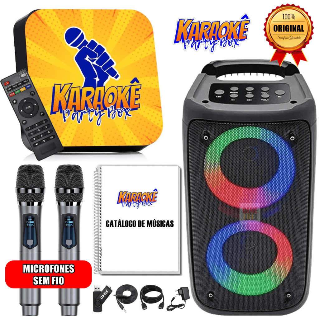 Karaoke Party Box +2 Microfones Sem Fio +Caixa De Som +2000 Músicas +Catálogo +Sistema Com Pontuação