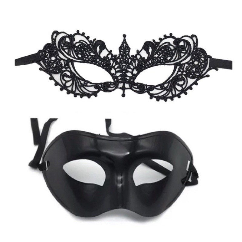 Kit  2 Máscaras Venezianas LISA + RENDA Baile Luxo Cor PRETA para festa ou Carnaval
