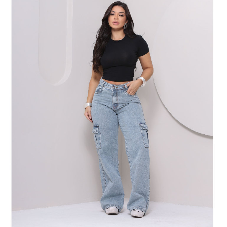 Calça Jeans Cargo Feminina Confortável Casual Ve