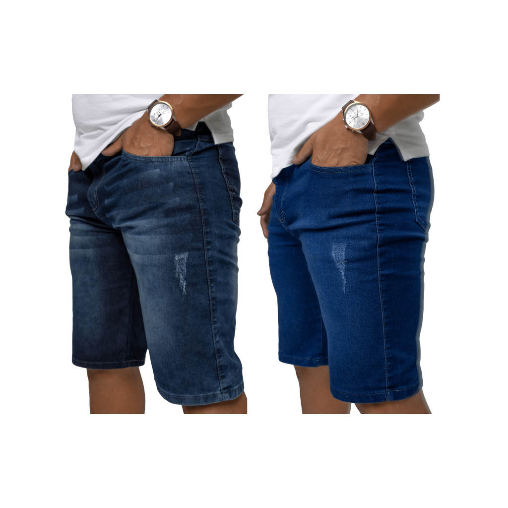KIT 2 Bermuda Masculina Jeans Azul Puido e Azul Bigode Com Elasticidade