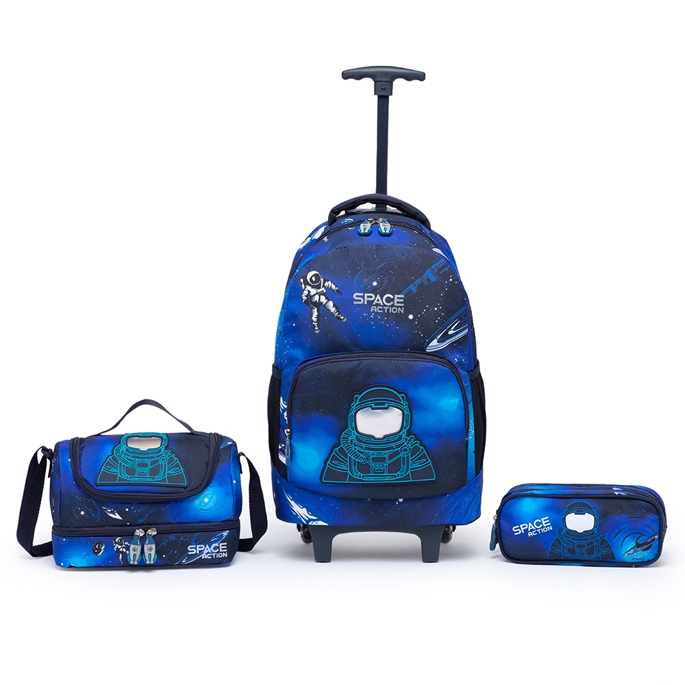 Kit Mochila de Rodinha Lancheira Estojo Azul Masculino Guelph Escolar Infantil Astronauta Rodinha