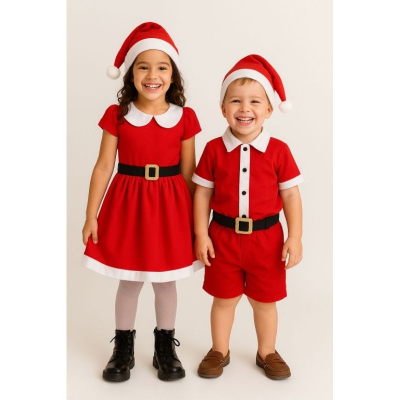Vestido mamãe Noel festa Natal menina Conjunto mauricinho papai Noel menino