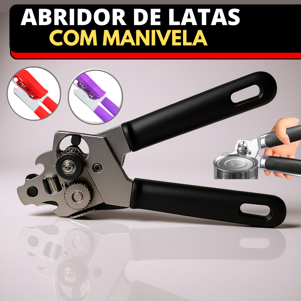 Abridor Lata Garrafa com Manivela Profissional Aço Inóx Cozinha Casa Sem Rebarba Preto Roxo Vermelho
