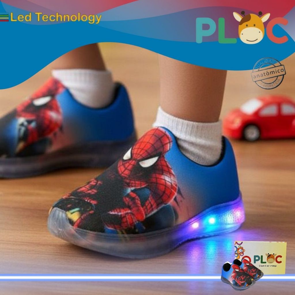 Tênis Led Infantil Luzinha Menino Meia Calce Fácil Leve Flexível  PLOC LED07 – MARINHO SPIDER