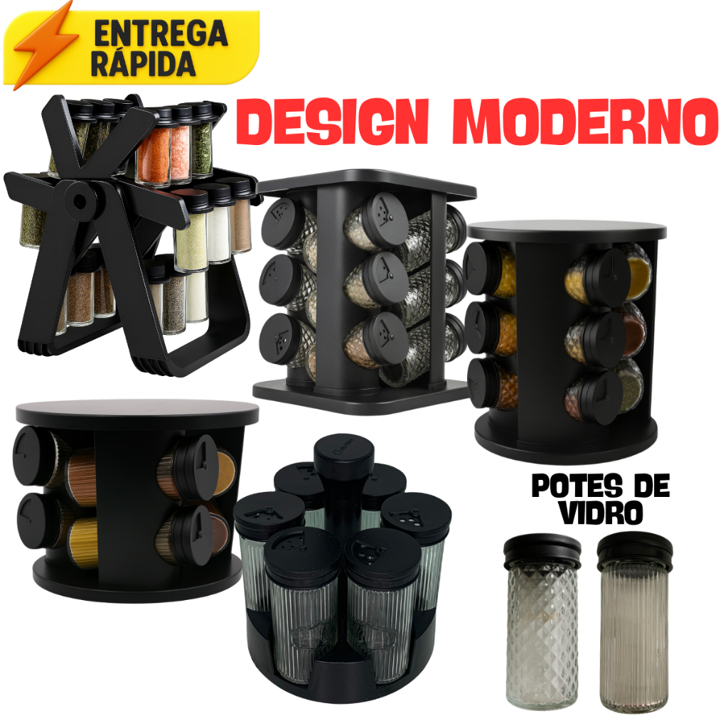 Porta Temperos Giratório Preto com Potes de Vidro 85ml  Organização Impecável