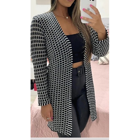 Cardigan Feminino Preto Casaquinho Tricot Moda Blo
