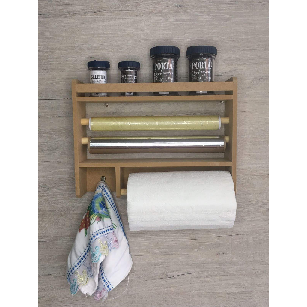 Suporte porta tempero cozinha condimentos organizador 3 em 1 papel toalha filme aluminio parede made