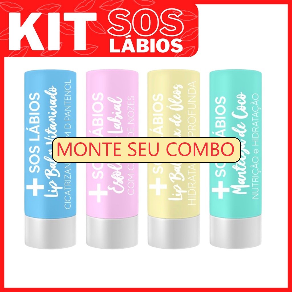 Kit com 4 Lip Balm – Mix Óleos – Manteiga Coco – Esfoliante Labial Casca Nozes – D-Pantenol