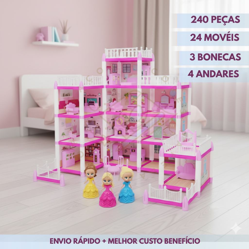 Casinha de Boneca Castelo da Princesa DE ATÉ 240 Peças DE ATÉ 3 Mini Bonecas Completa Presente de Na