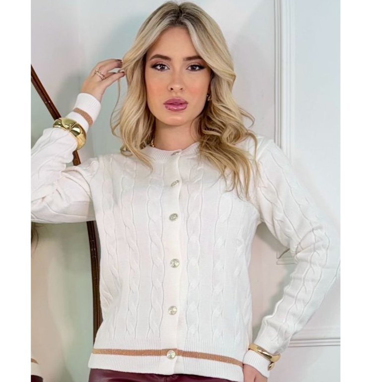 Casaco Feminino Modal Com Botões Inverno Outono Lurex Tricot Tricô Manga Longa Frio Cardigan
