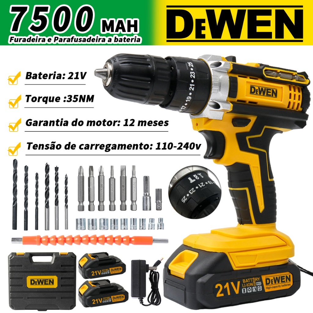 Parafusadeira Furadeira de Impacto Sem Fio Recarregáveis 2 Baterias Com Maleta e Acessórios 28pcs