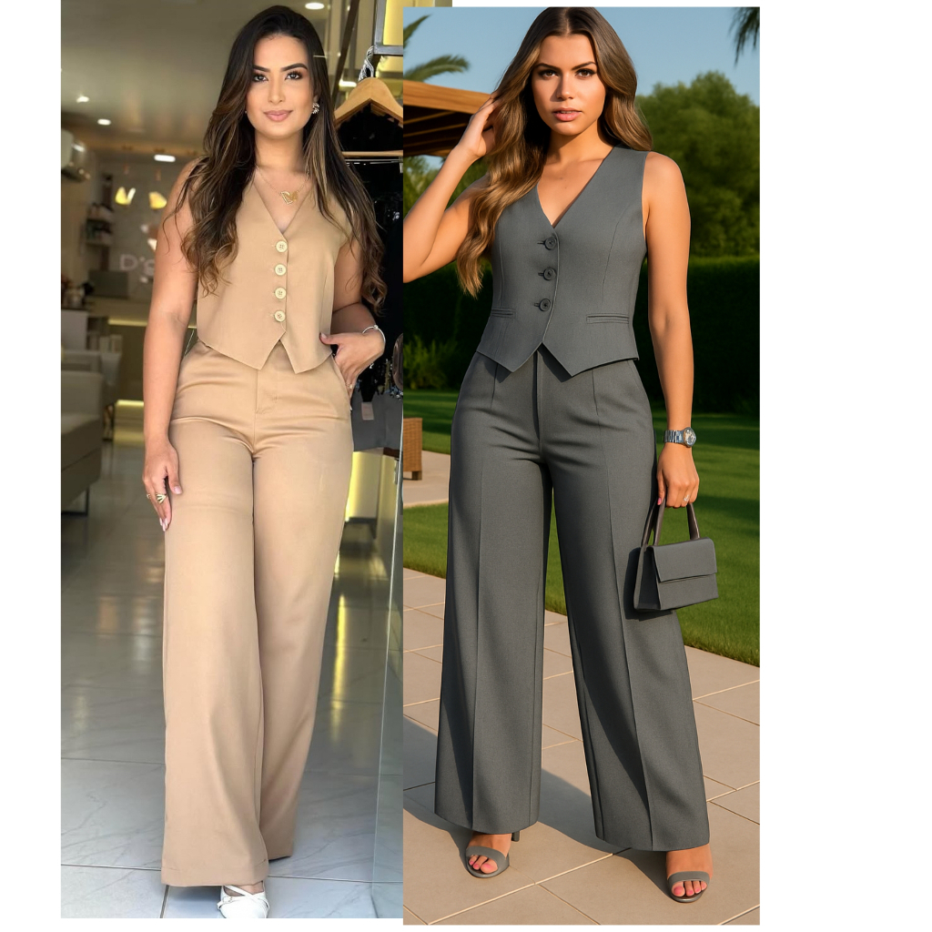 CONJUNTO FEMENINO EN TECIDO ALFAIATARIA PREMIUM COMPOSTO POR COLETE E CALÇA SOCIAL