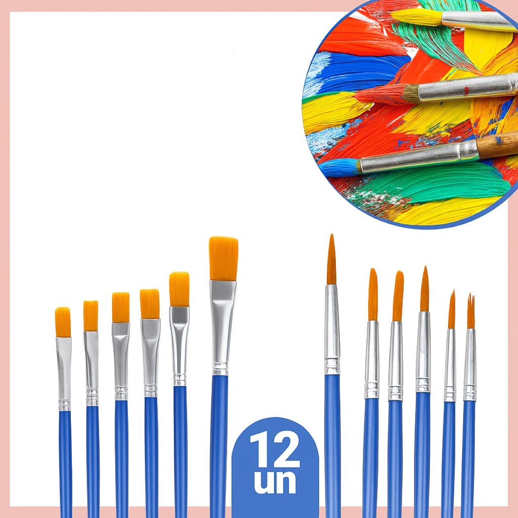 12 Pincel Para Pintura Óleo Rosto Artesanato Aquarela Ponta Redonda Fina Chata Quadrada Tinta Acríli