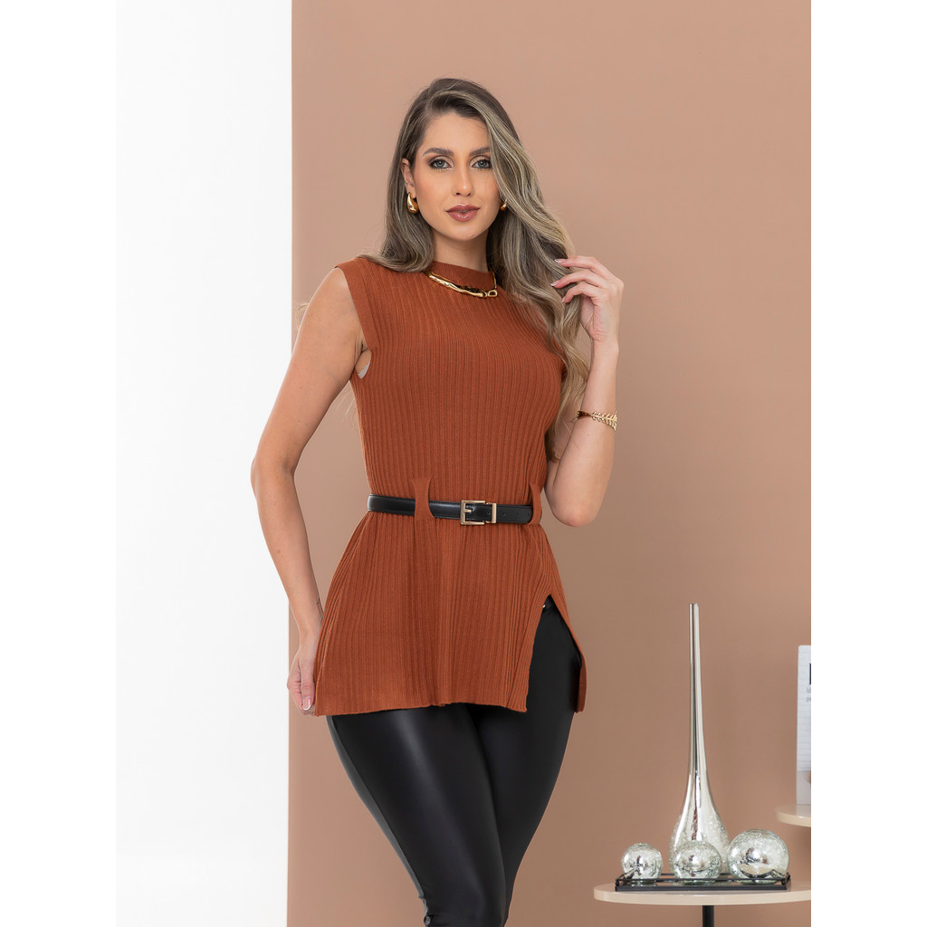Blusa Regata Tricot Feminina com Fenda Lateral Elegante, Canelada, sem Manga com cinto