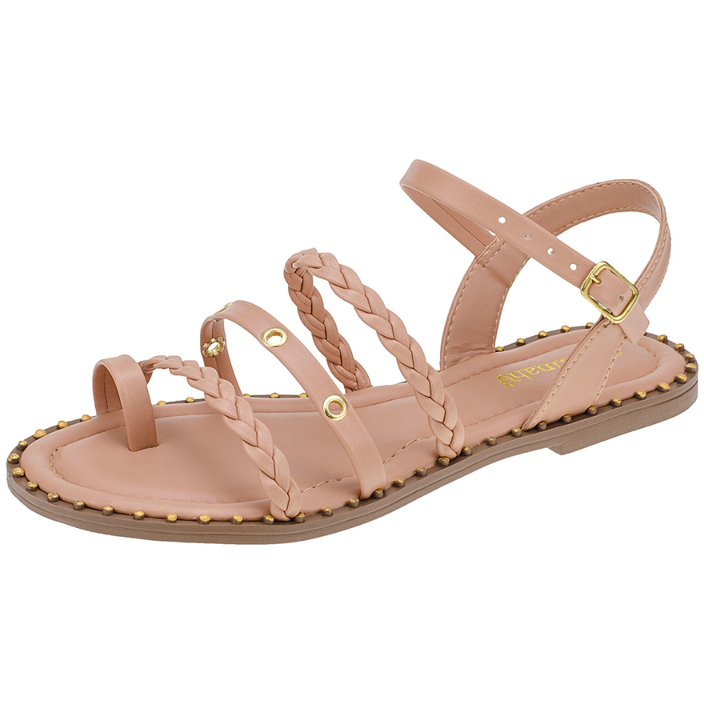 Sandália Feminina Rasteira Bico Redondo Shekinah Tachas Cravos Confortável Super Leve Moda