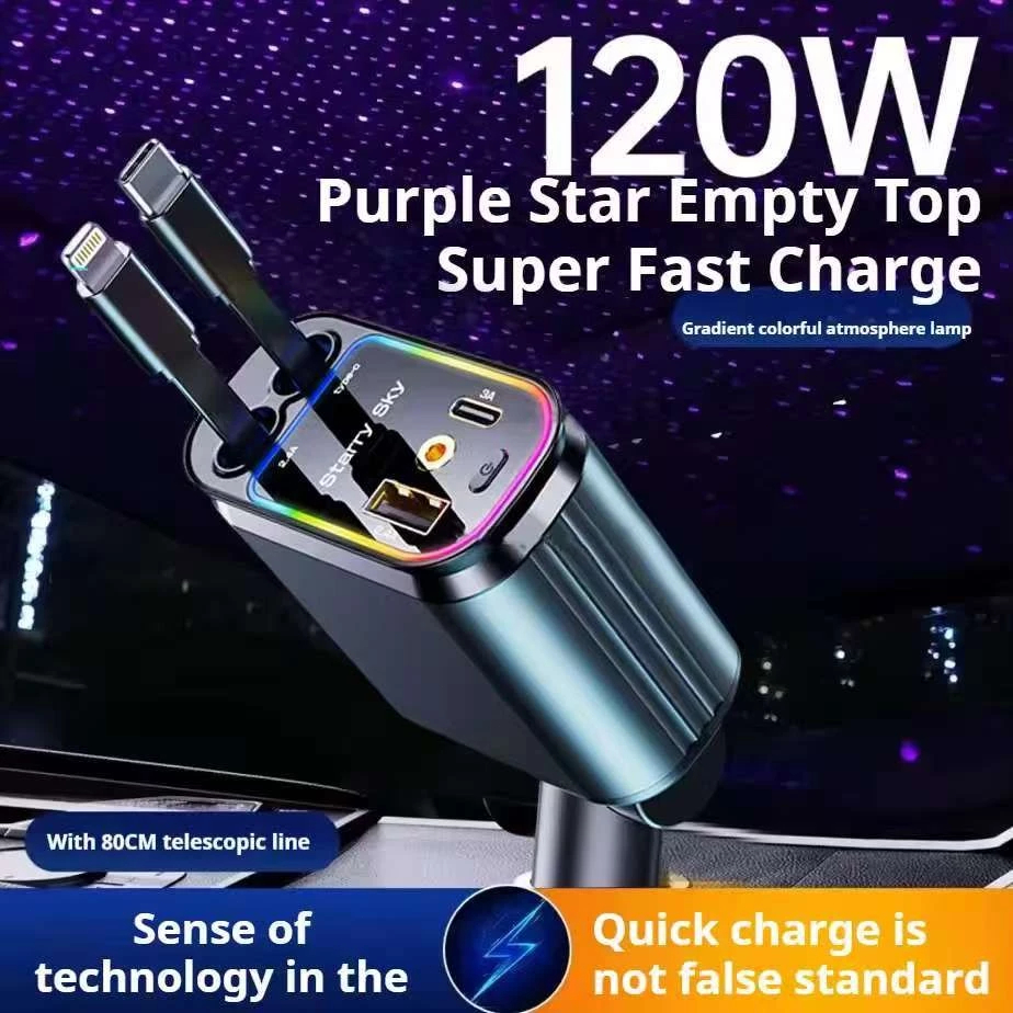 Carregador de carro retrátil com luz LED, carregador de carro rápido 4 em 1 de 120 W para iPhone e A