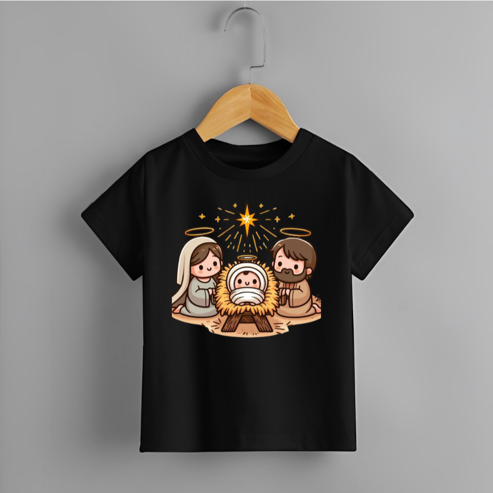 Blusa Infantil Manga Curta Estamp Estrela Dourada Manjedoura Religiosa Cristã