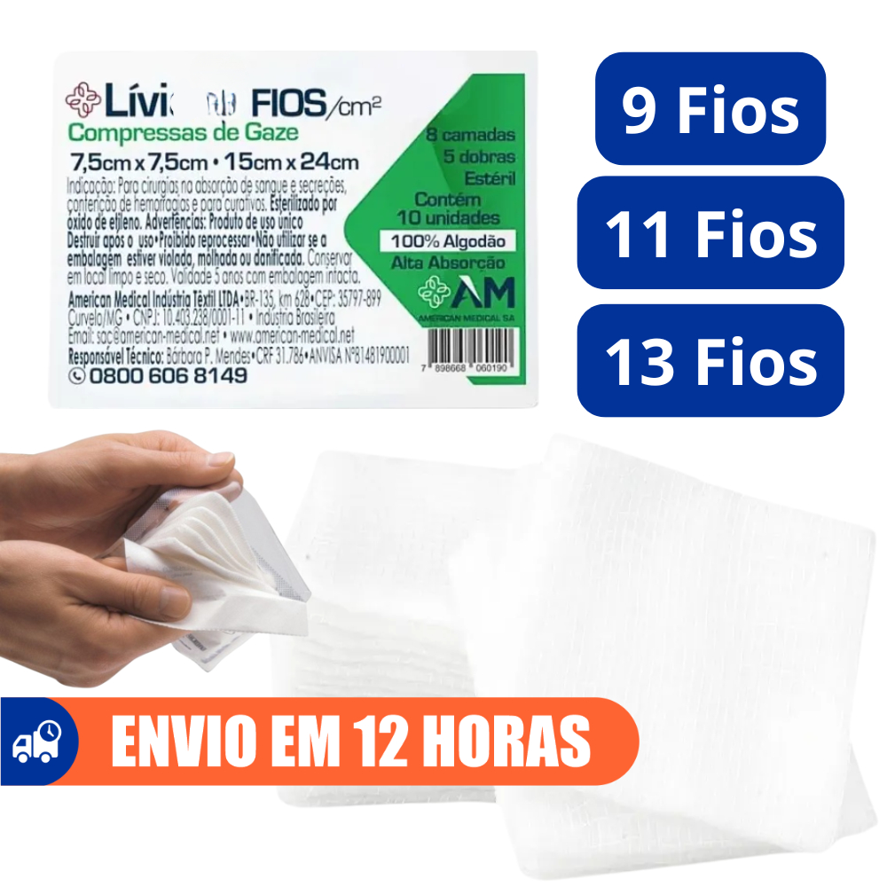 Compressa Gaze Estéril 9 11 13 Fios Lívia 7,5×7,5 Marca Amed