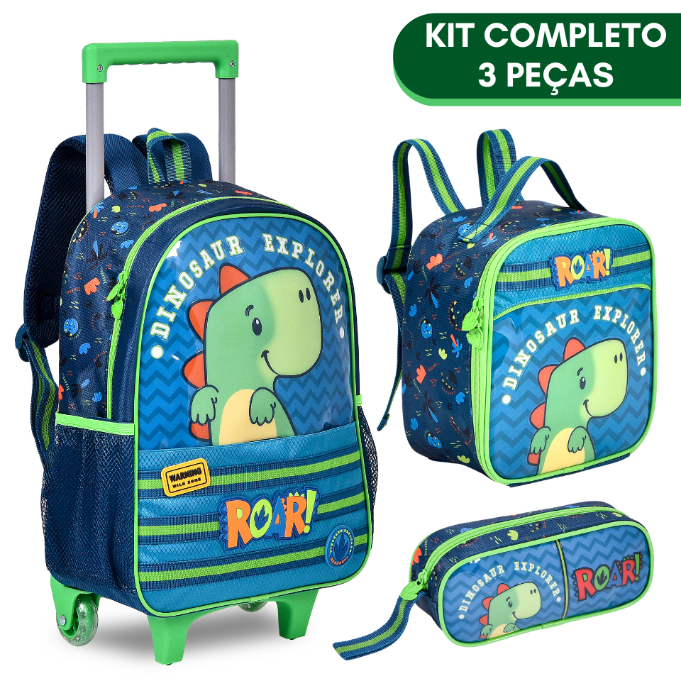 Kit Mochila Rodinha + Lancheira Termica + Estojo Menino Escolar Resistente