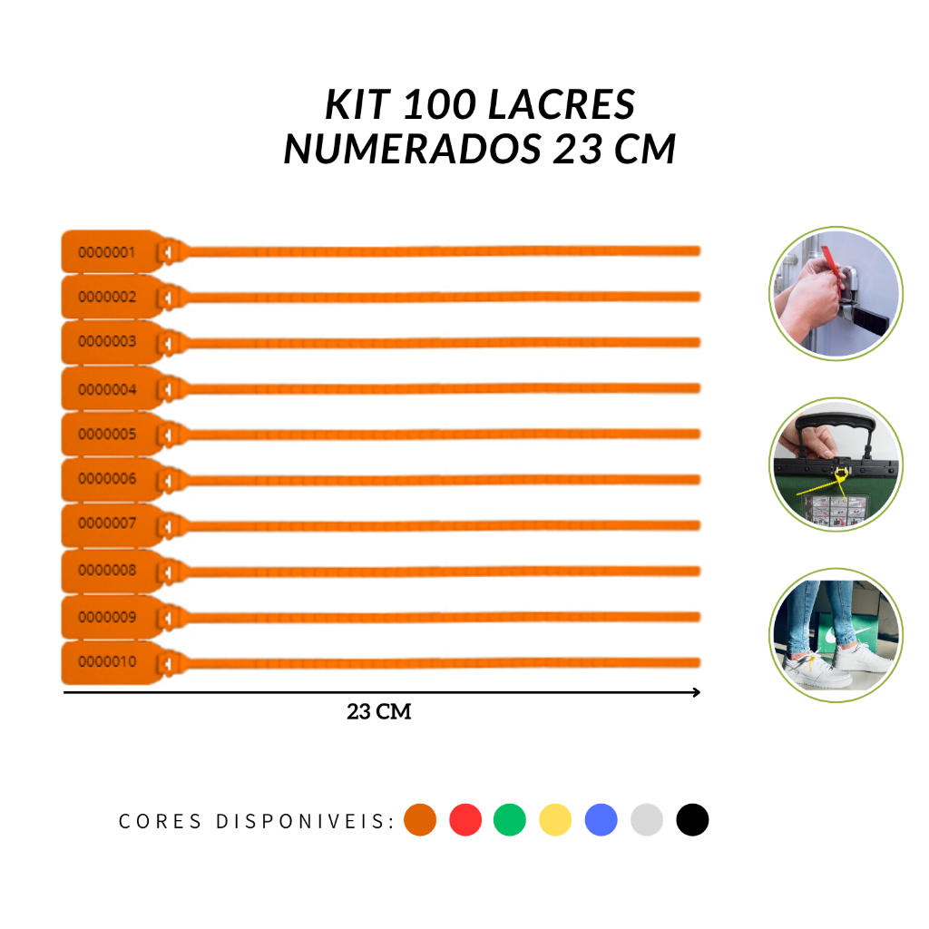 Kit 100 Lacres 23cm Numerado Segurança Malote Containers Cargas Uso Hospitalar – Varias Cores