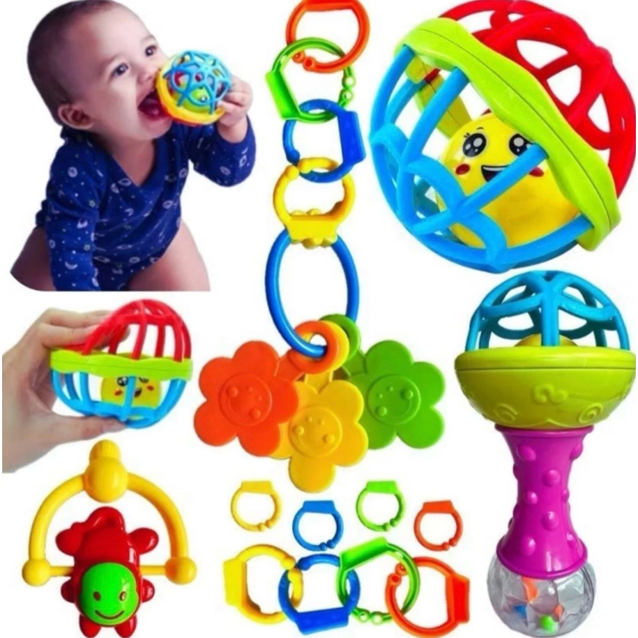 Kit 8 peças Mordedor para Bebe Sensorial Macio com Chocalho – Kit 4 mordedores ou Bolinha Mordedor S