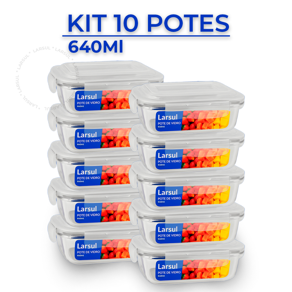 Conjunto 5/10 Potes 640ml Vidro Hermético Mantimentos Marmita Fitness