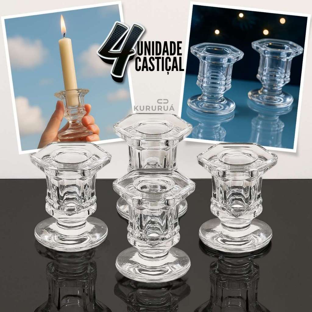 Kit 04 Porta Vela Castiçal De Vidro Resistente Veneza