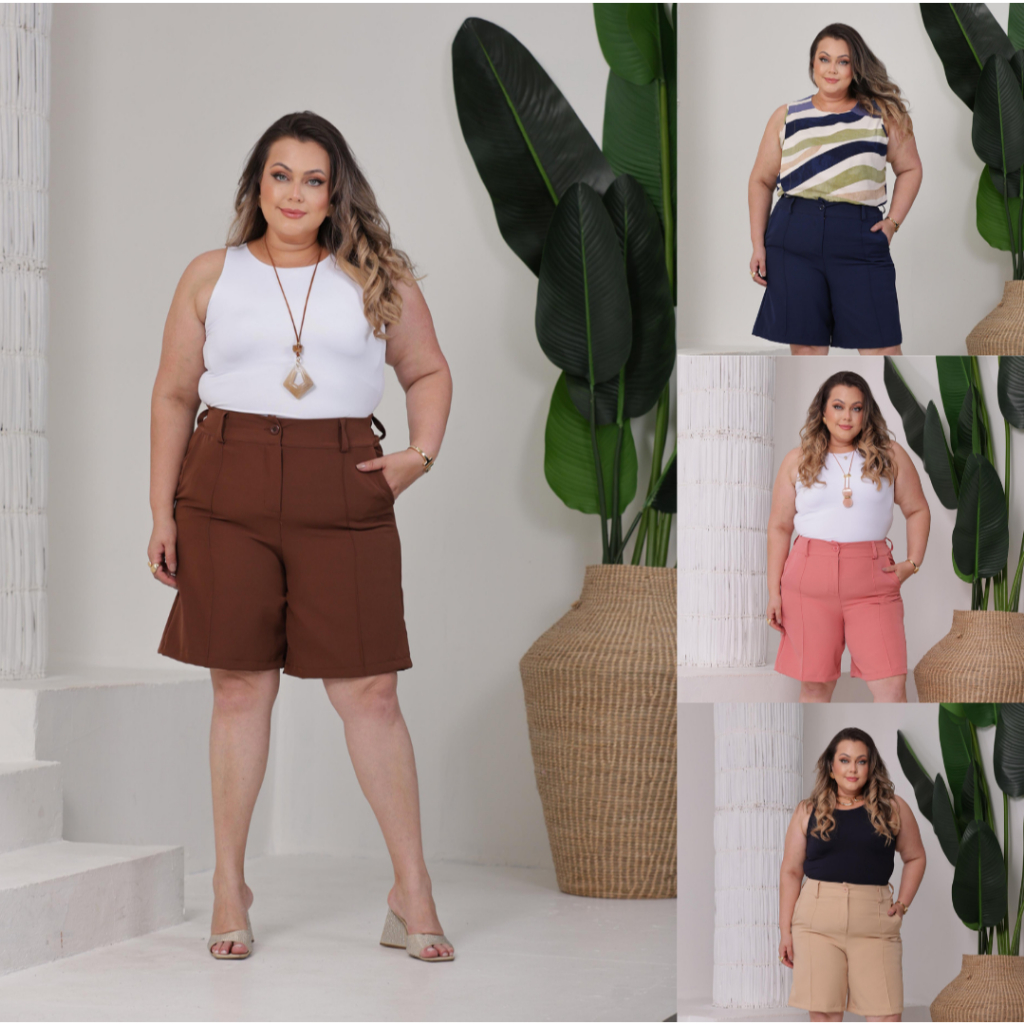Bermuda Alfaiataria Feminino Plus Size Estilo Social Elegante Com Elástico nas Costas
