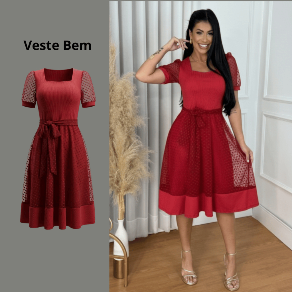 Vestido Moda Evangélica Midi Gode Canelado com Tule
