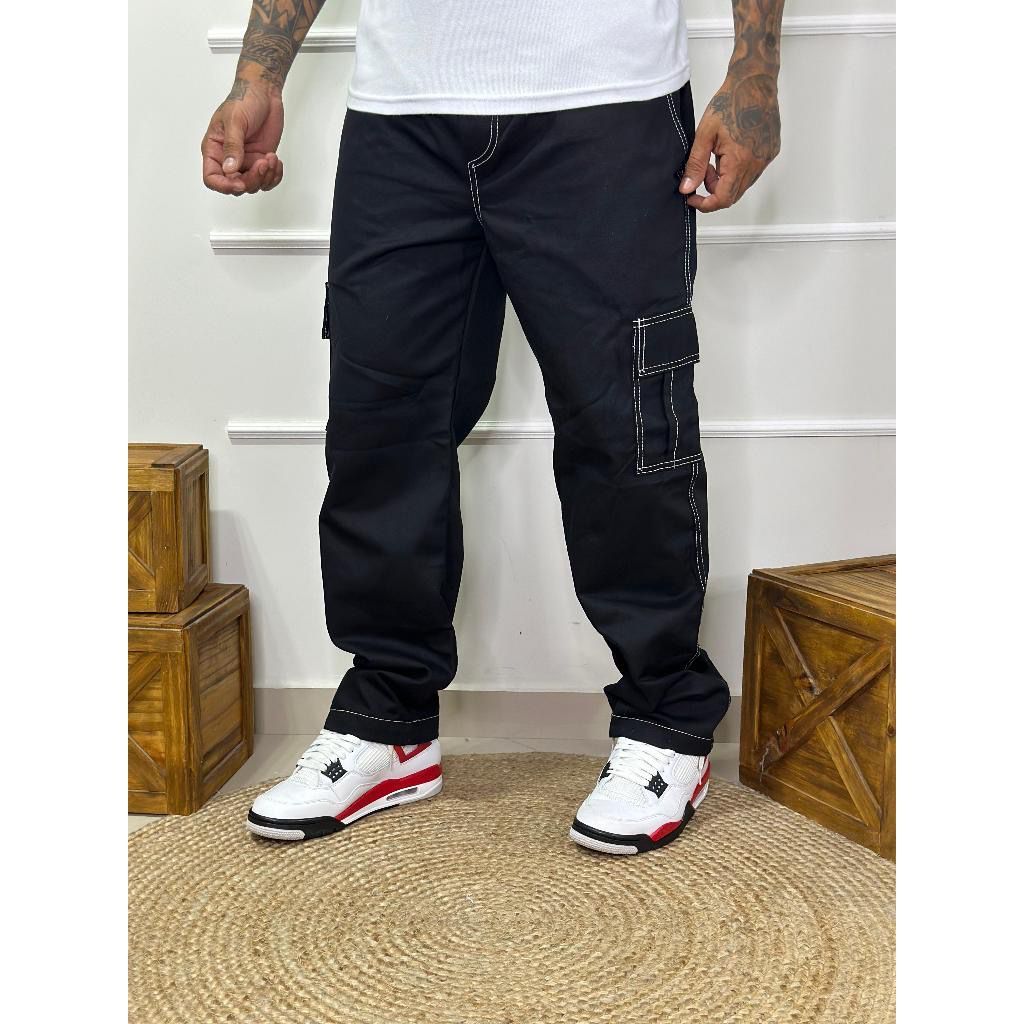 FENIX – CALÇA CARGO MASCULINO PRETA COM COSTURA BRANCA SKATISTA 5 BOLSOS UNISEX – TENDENCIA.