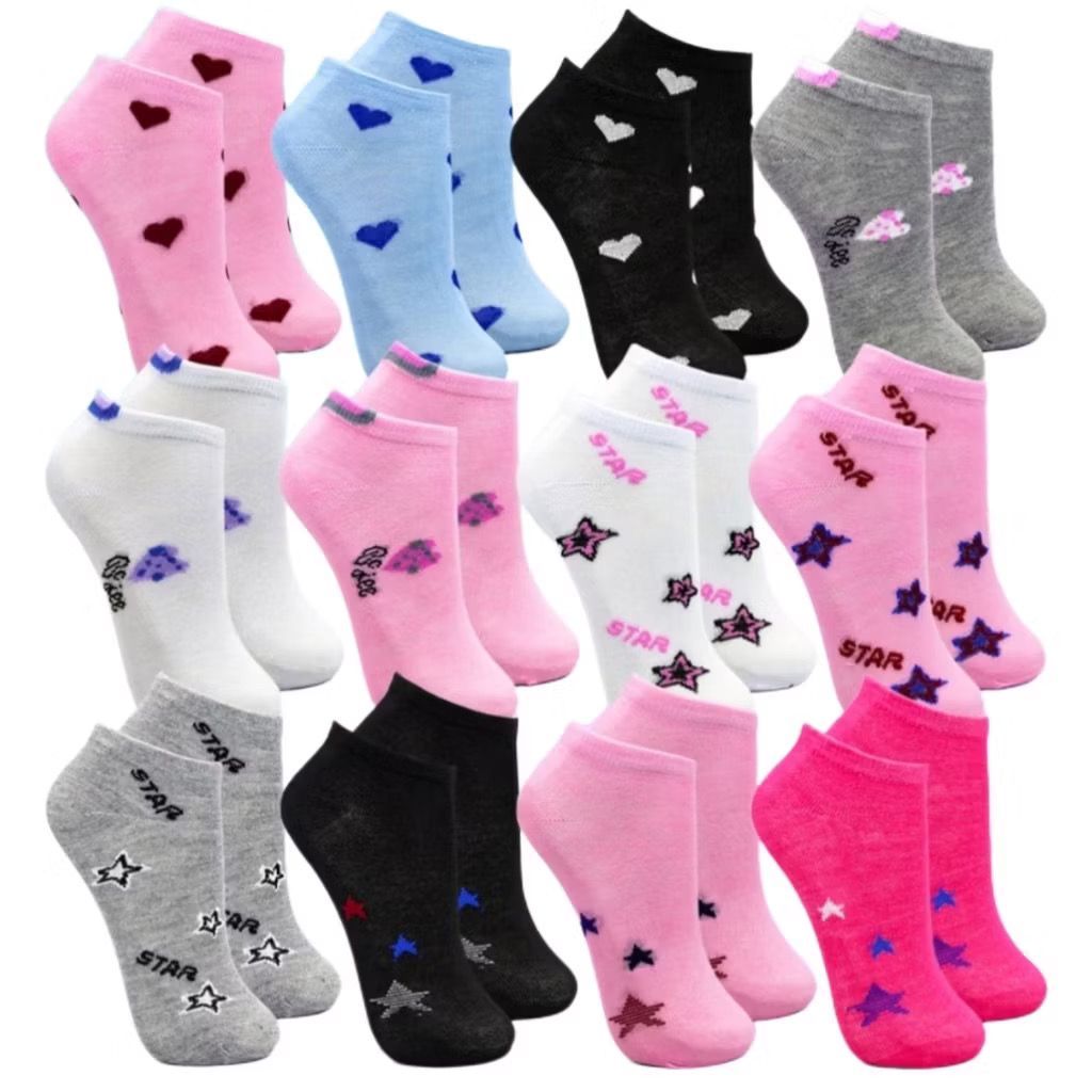 Kit Ate 12 Pares De Meia Feminina Estampada Cano Curto Soquete Cores Variados35ao40