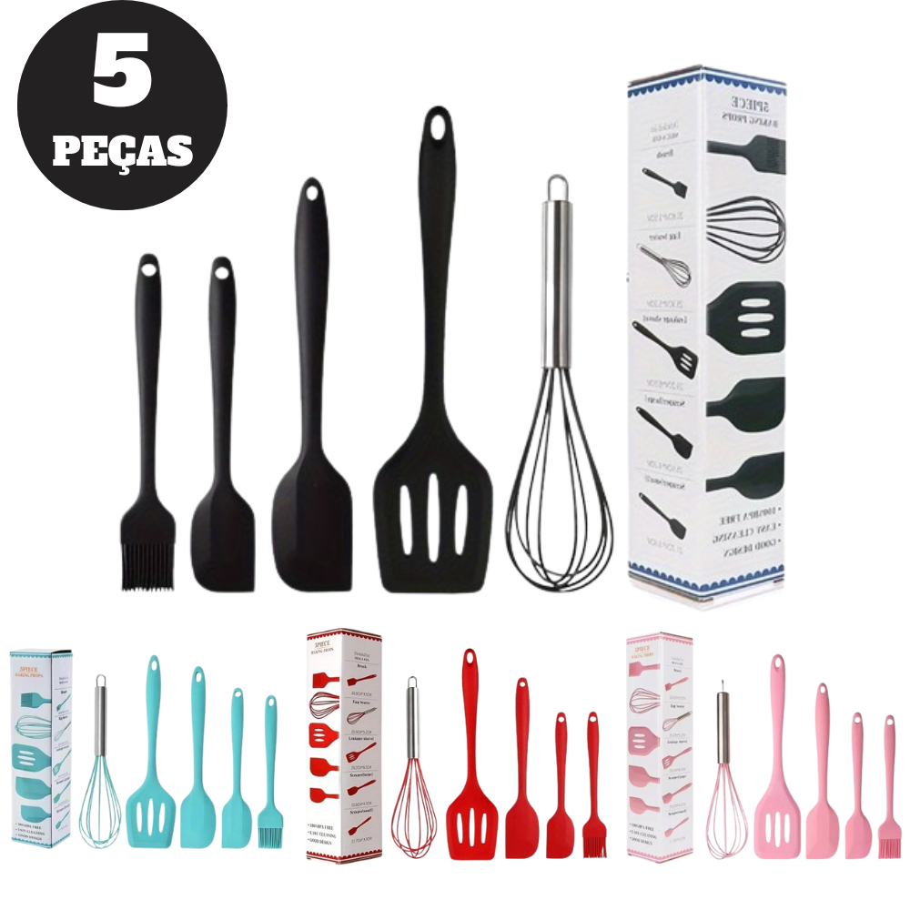 Kit 5 Peças Utensilios de Cozinha Silicone Colher Espátula Fue Espátula Pequena Pincel