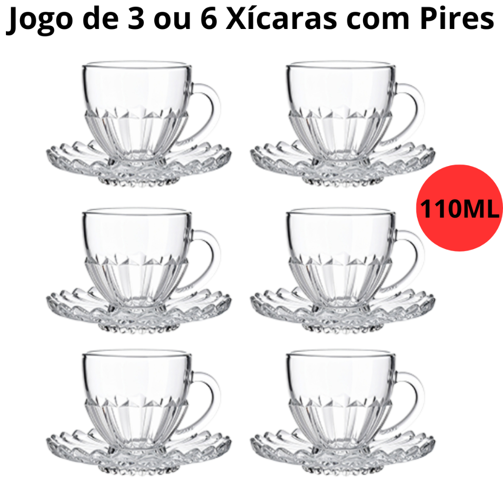 Jogo de Xícara com Pires 6 ou 12 Peças Cha e Café Brasiliano Transparente Vidro 110ml Decorada Luxo
