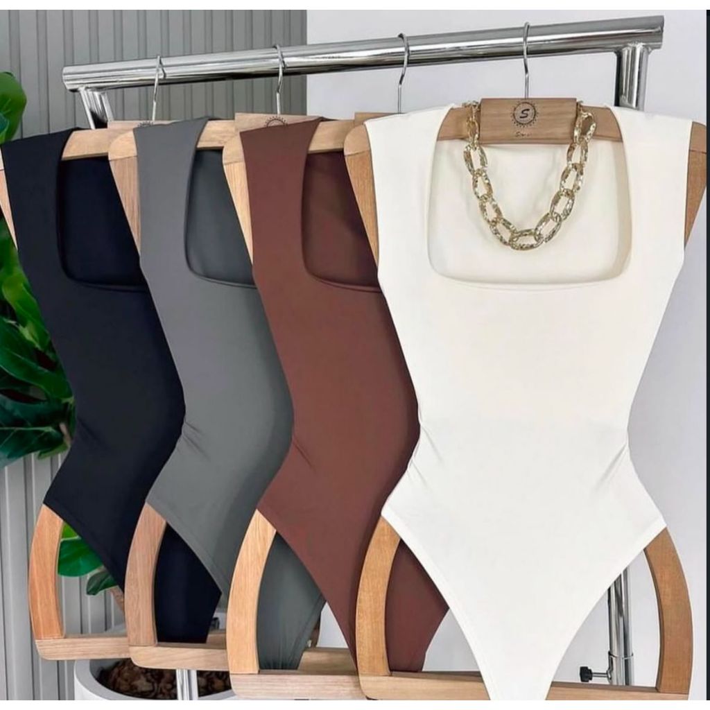 Body Feminino Decote Quadrado Alças Grossas Collant Casual Elegante Tecido Suplex Com Forro