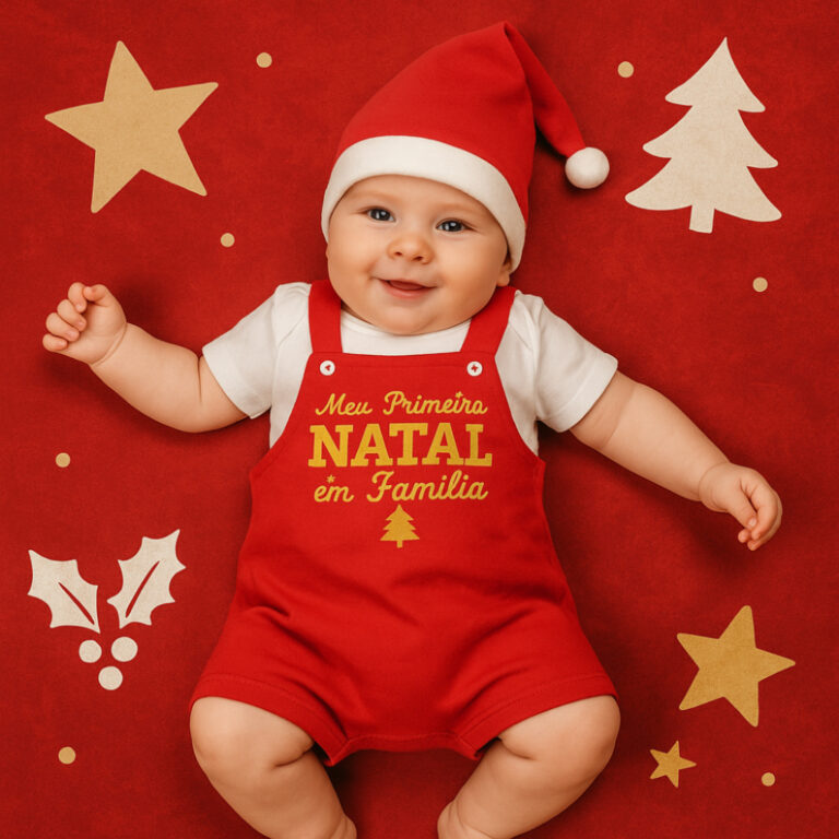 Jardineira Bebê Natal Frase Meu Primeiro Natal em