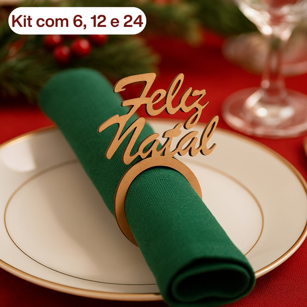 Porta Guardanapo Feliz Natal Letra Mão Kit 12 unidades Mesa Posta Mdf CRU 3mm Argola Anéis Natal