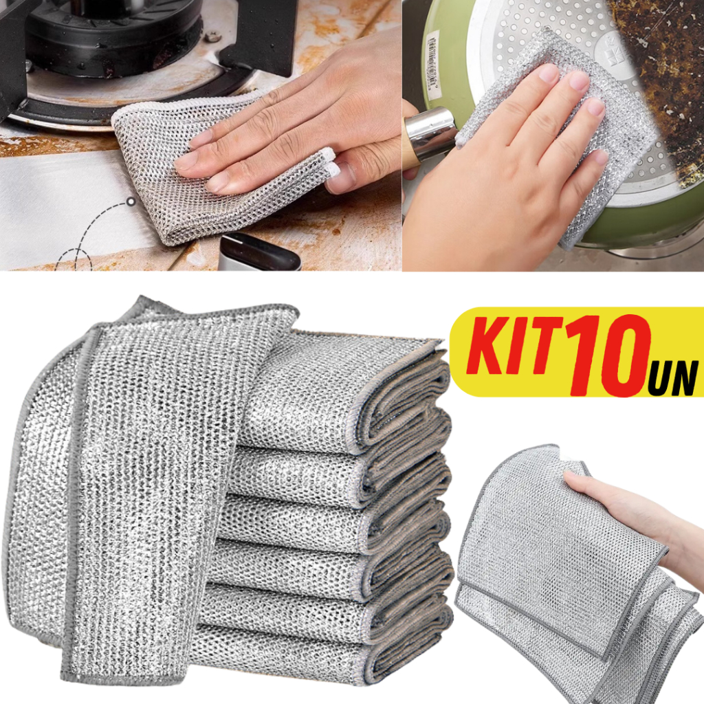 Kit Panos De Limpeza Aço Malha Arear Panela Fogão Toalha Louça Tira Gordura Reutilizável