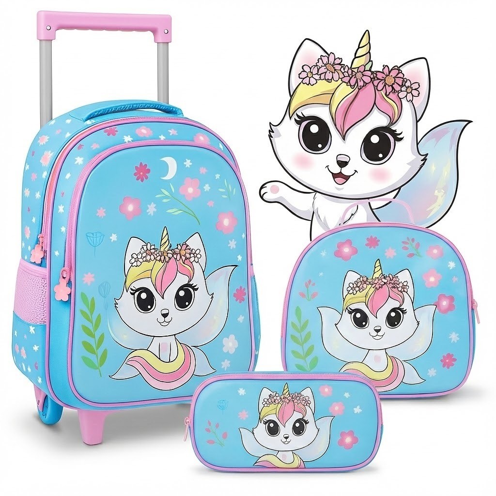 Kit Escolar Infantil Mochila Com Rodinha Lancheira Térmica Estojo Duplo Resistente e Impermeável