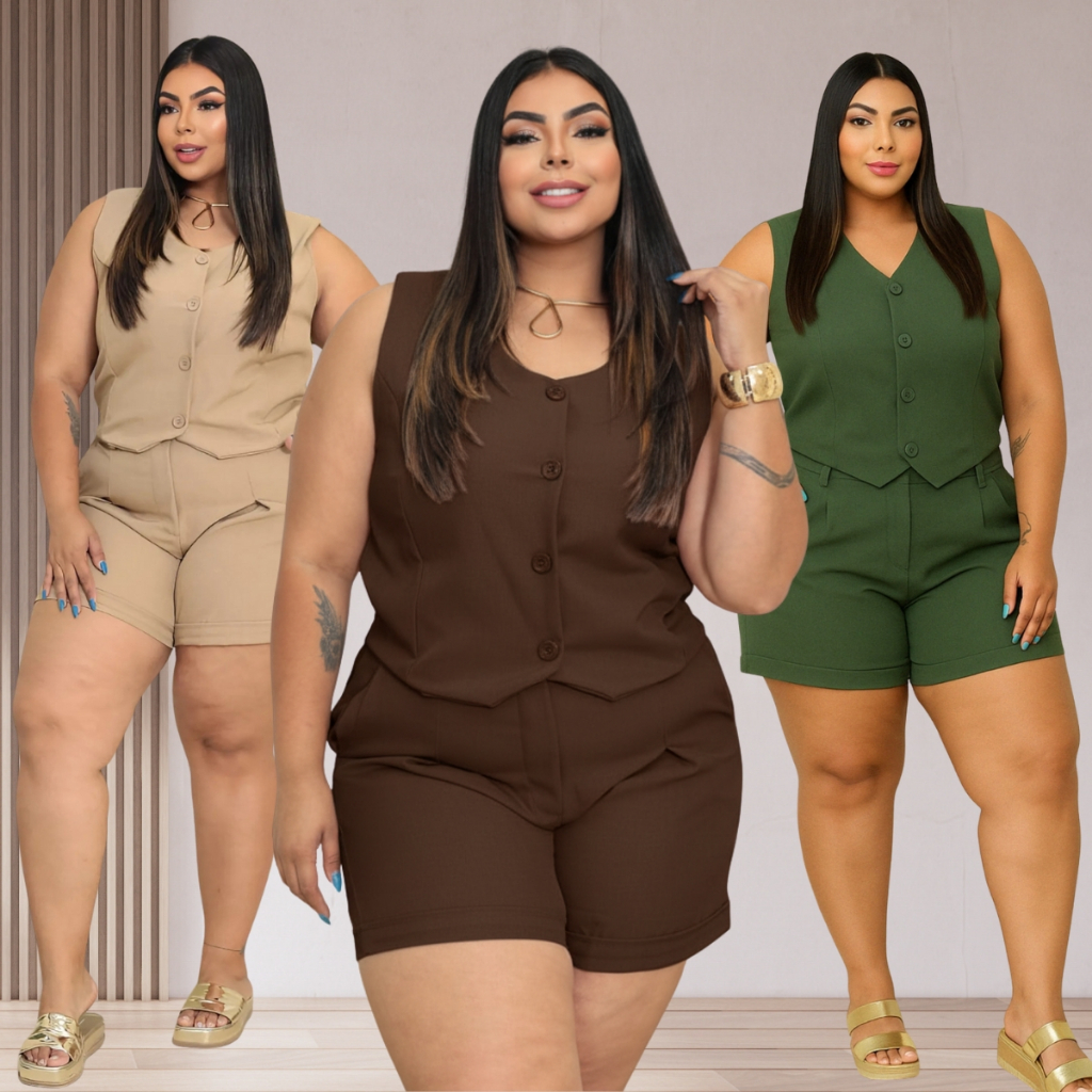 Conjunto Plus Size Alfaiataria Feminino Colete Shorts Bermuda Plus Size  Social Grande 48 50 52 GG G
