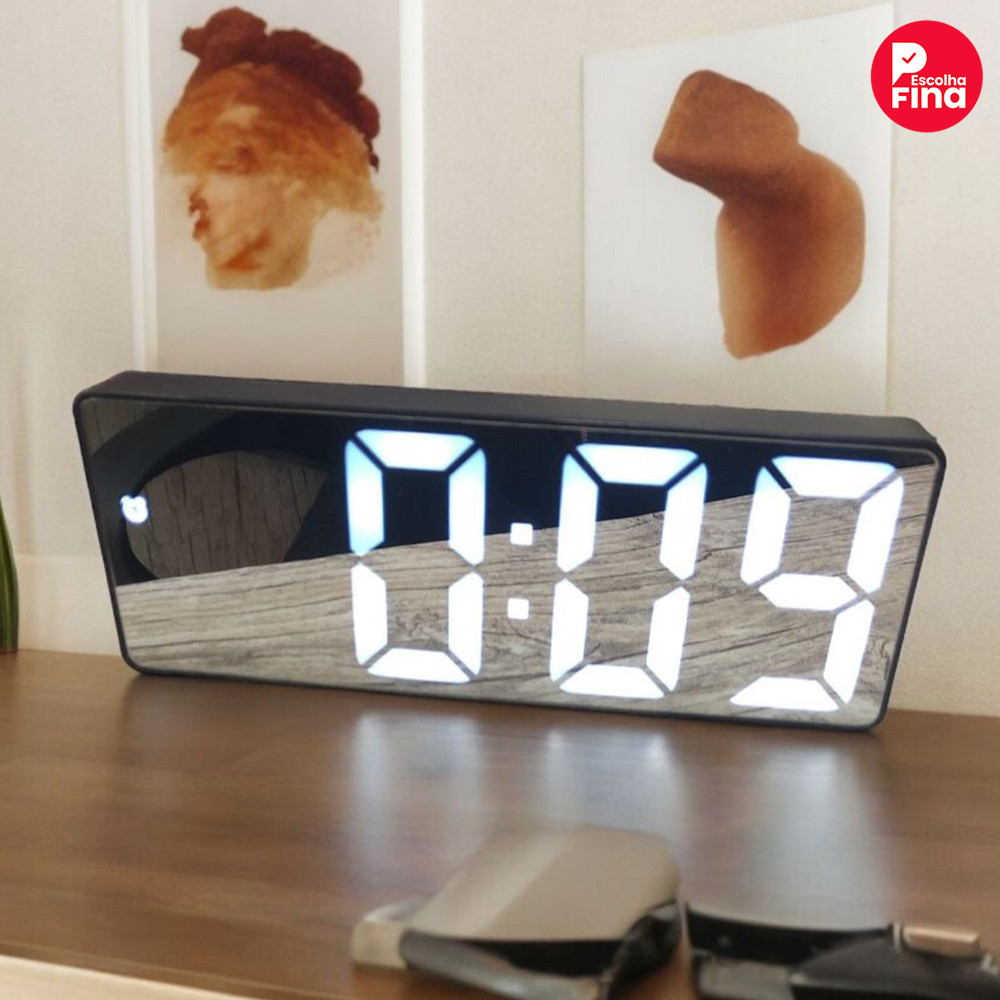 Relógio Despertador Digital Preto com Sensor de Temperatura e Alarme