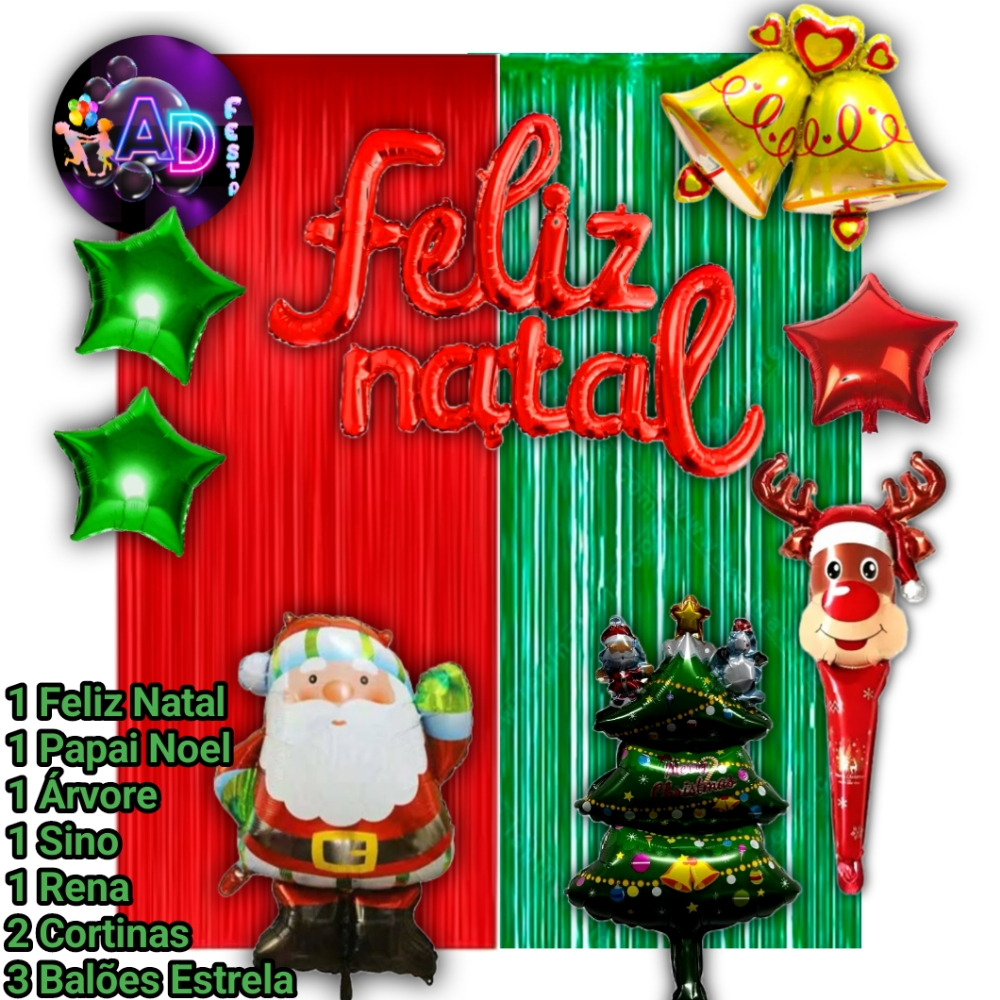 Kit Festa Natal Cortina, Balões Sortidos Feliz Natal, Papai Noel, Arvore, Sino, Bota Decoração, Come